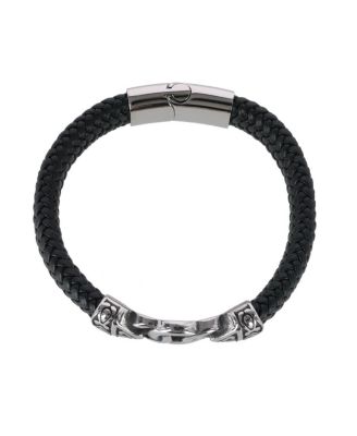 Silver Interlock Pattern on Black Leather Bracelet