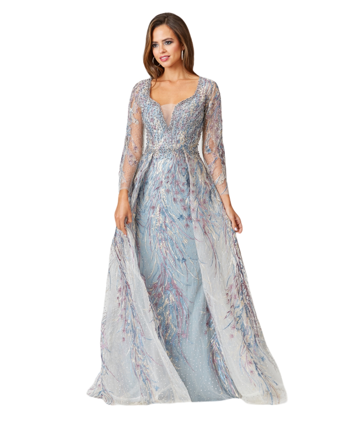 Women's Long Sleeve Lace Gown with Overskirt - Multi