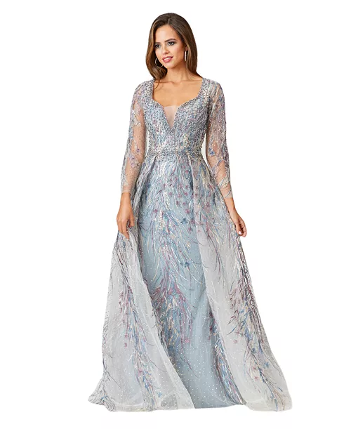 women's long sleeve lace gown with overskirt