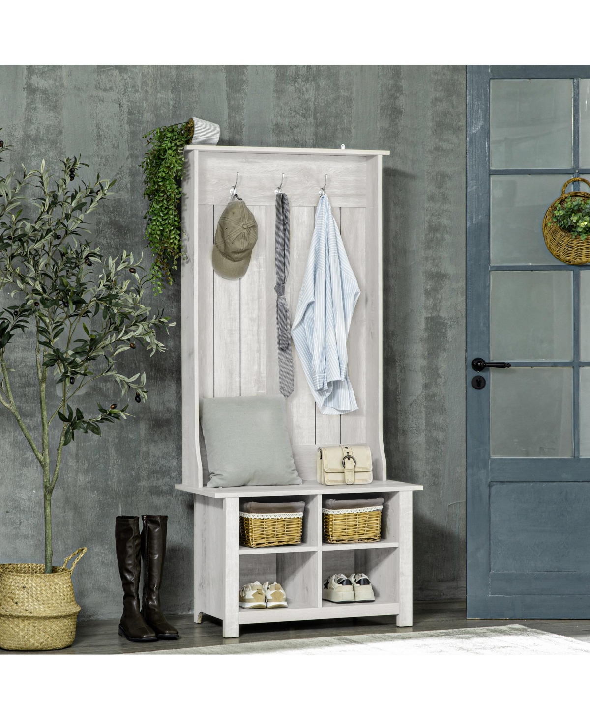 Homcom Hall Tree W/ Shoe Storage Bench Entryway Coat Rack Bench- White