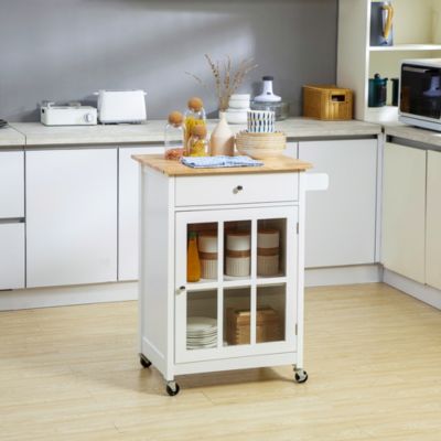 Mobile Serving Kitchen Island Cart Dining Table w/ Rubberwood Top Wheels