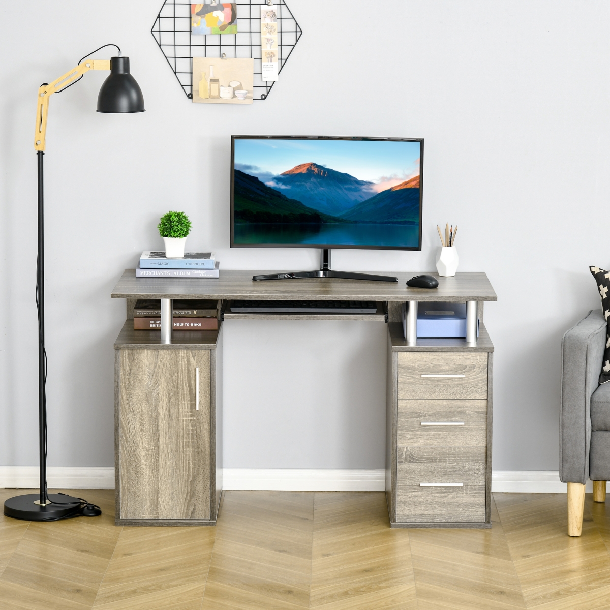 Homcom Wooden Computer Writing Study Desk Table w/ Keyboard Tray & 3 Drawers, Grey