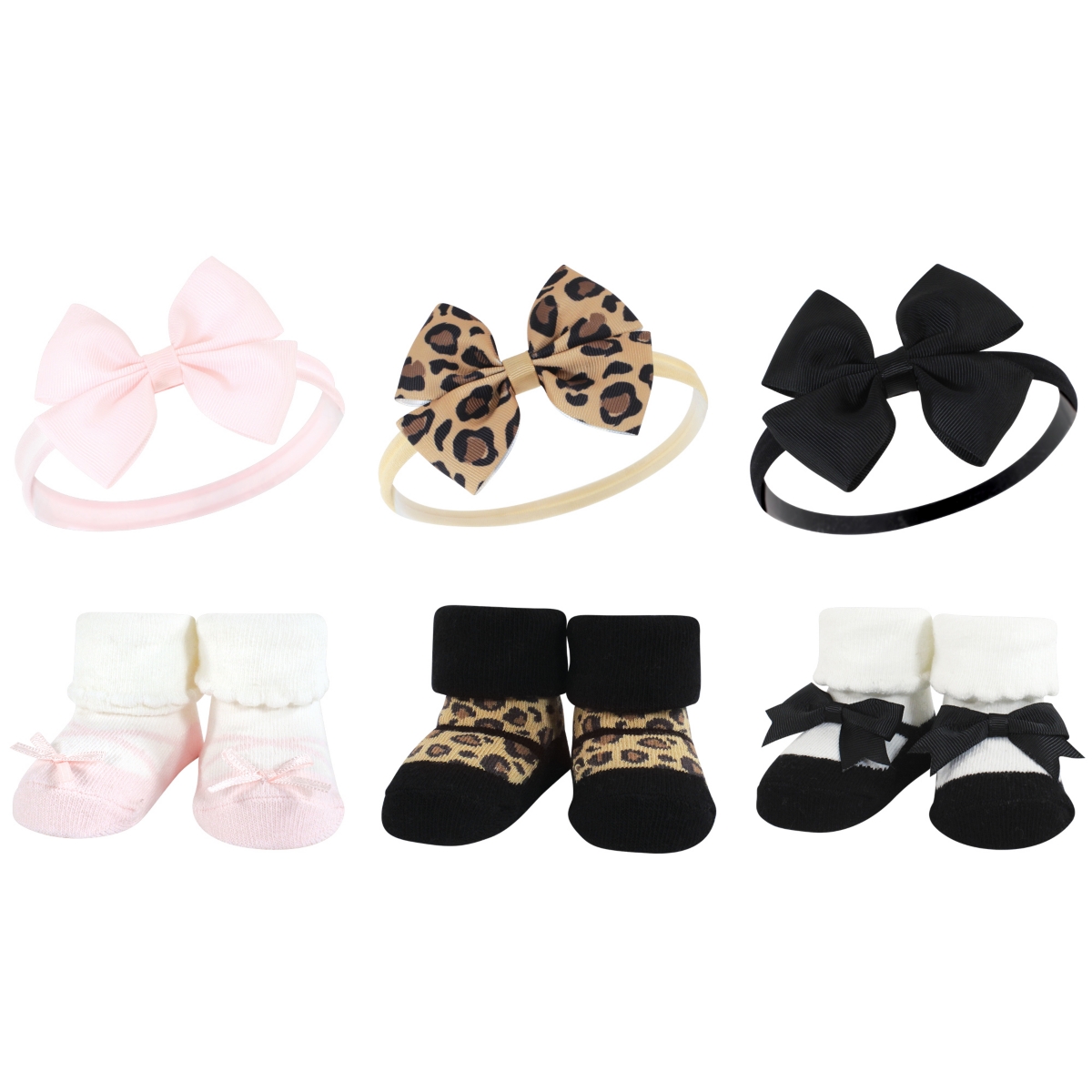 Hudson Baby Infant Girl 12Pc Headband and Socks Giftset, One Size - Leopard black silver