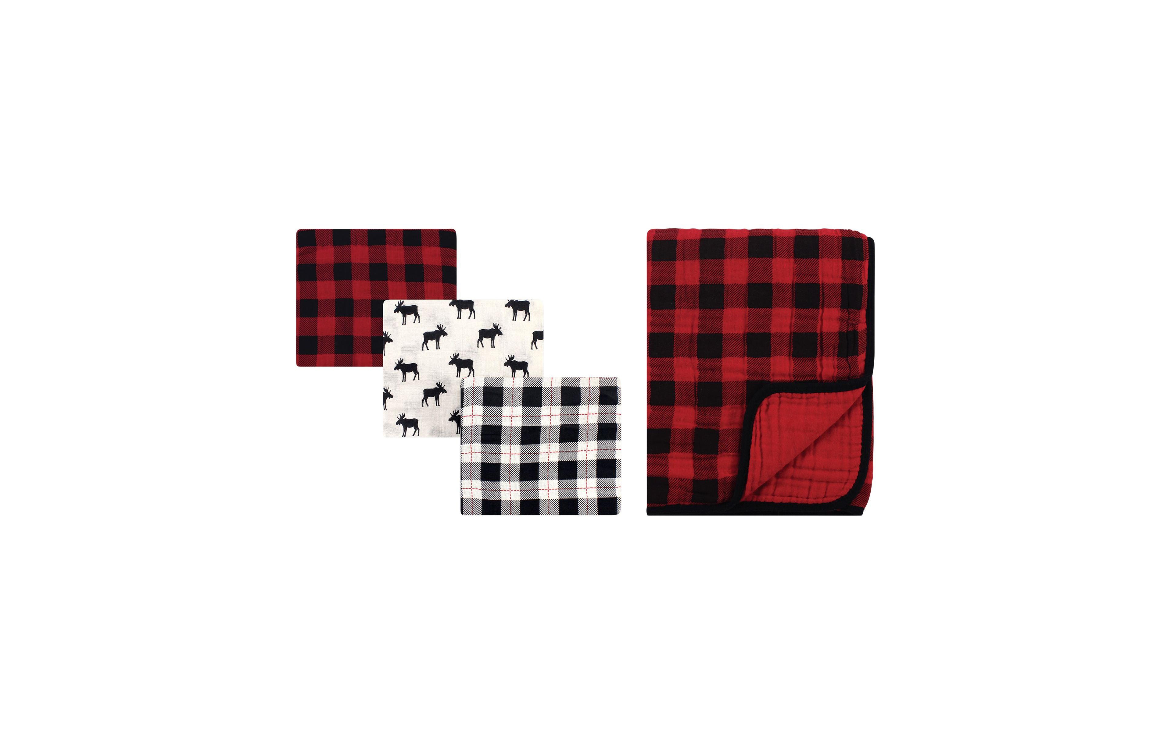 Hudson Baby Infant Boy Muslin Swaddle Blanket 3Pc and Tranquility Blanket, Moose Buffalo Plaid, One Size
