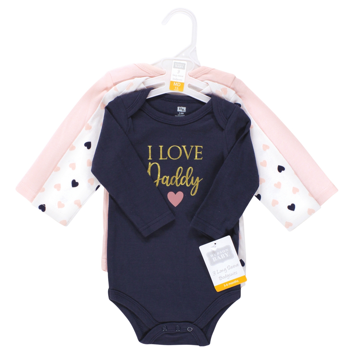Hudson Baby Baby Girls Cotton Long-Sleeve Bodysuits Daddy Pink Navy 3-Pack - Girl daddy pink navy 3-pack