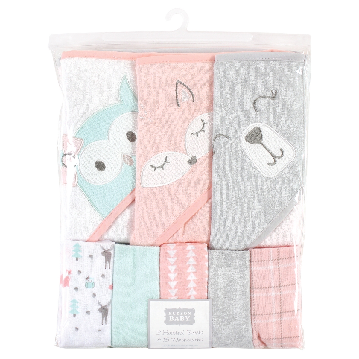 Hudson Baby Infant Girl Animal Hooded Towel 3pk and 15 Washcloths