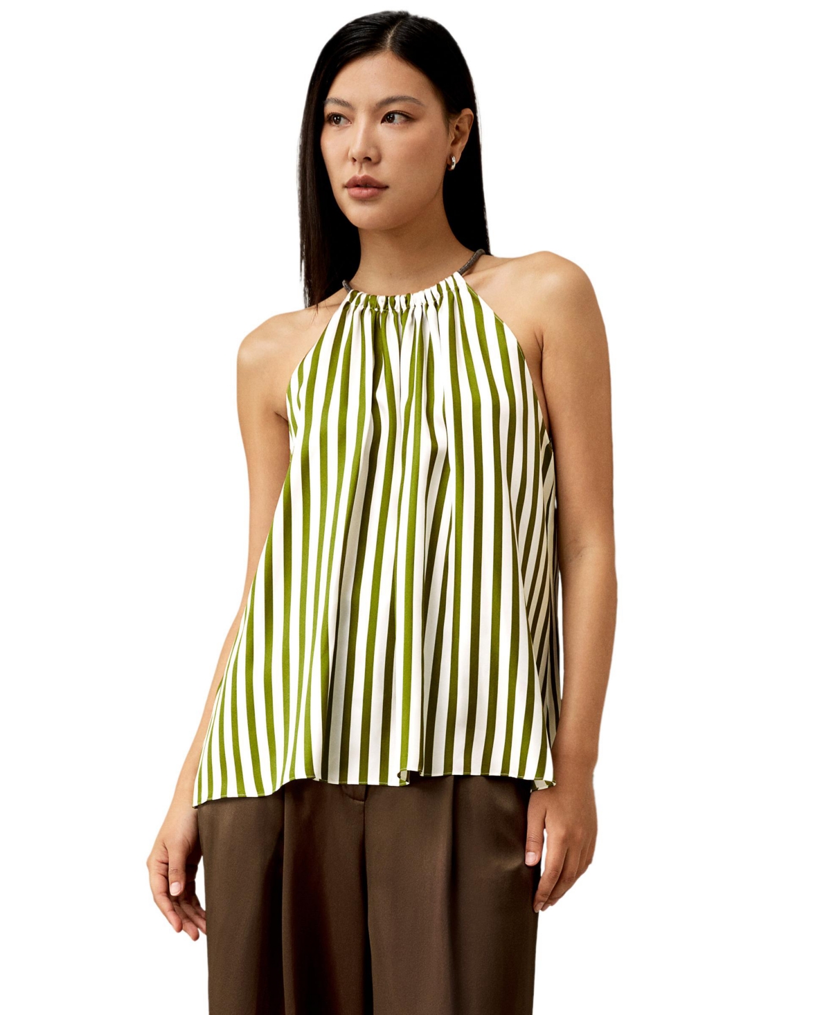 Women's Silk Twill Halter Neck Top - Green-white pinstripe