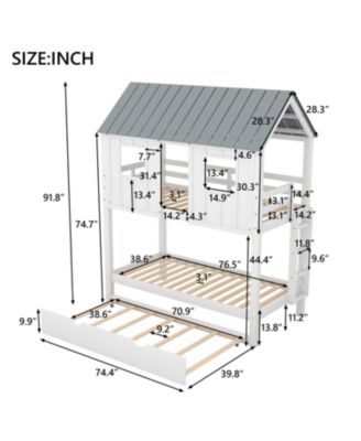 House Bunk Bed With Trundle, Roof And Windows Twin