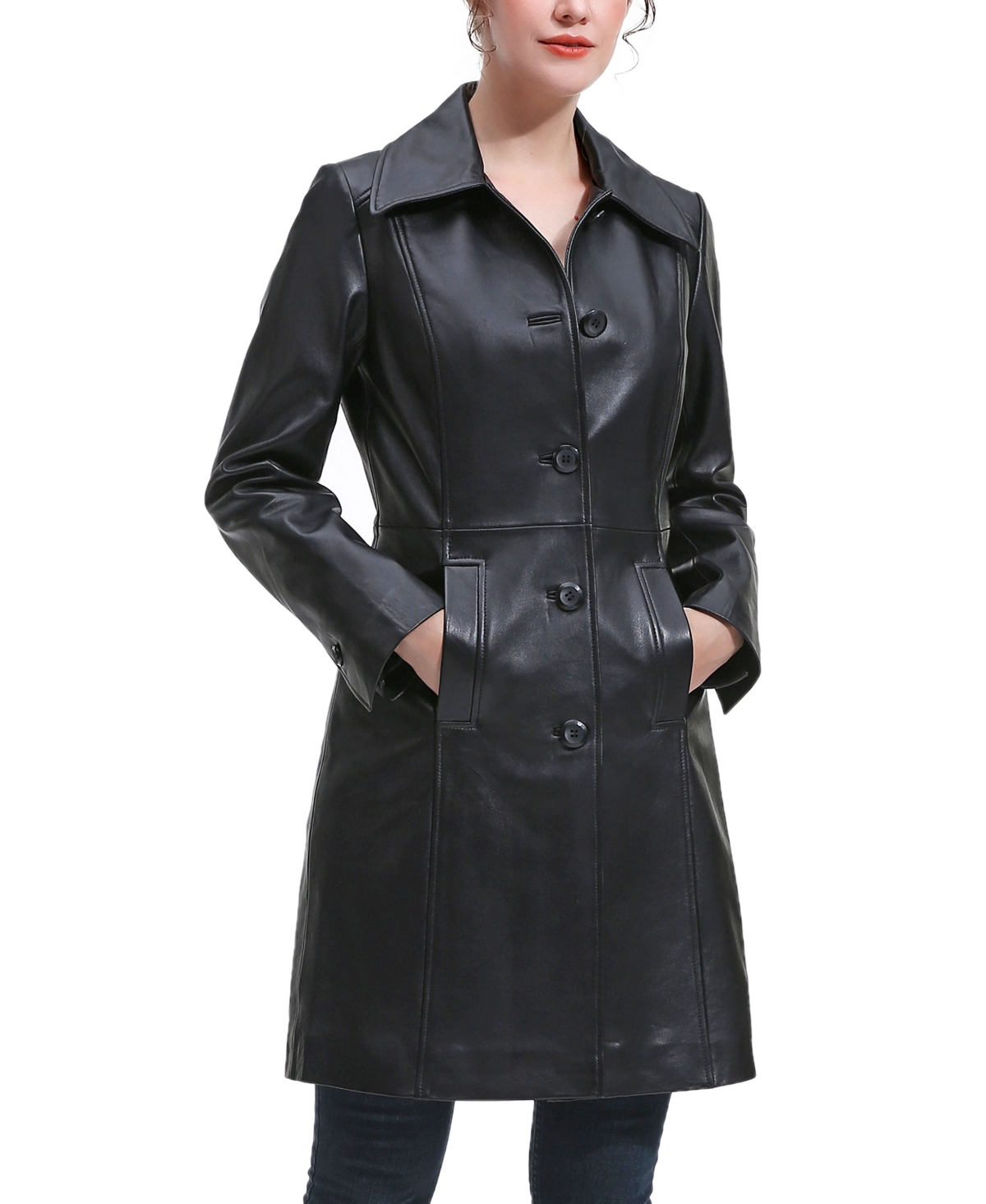 Women's Maisy Leather Long Coat - Black