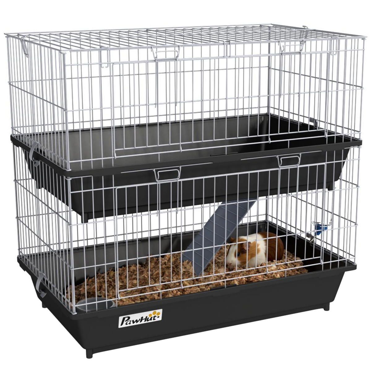 PawHut 2-Tier Mouse Cage, Ferret Cage W/ Dish and Bottle, Ramp, 2 Doors