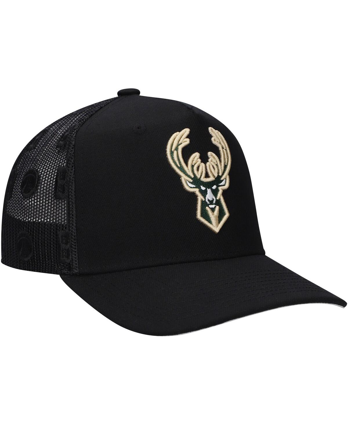 Mitchell & Ness Men's Black Milwaukee Bucks Monogram All-over Logo Mesh Trucker Adjustable Hat In Black