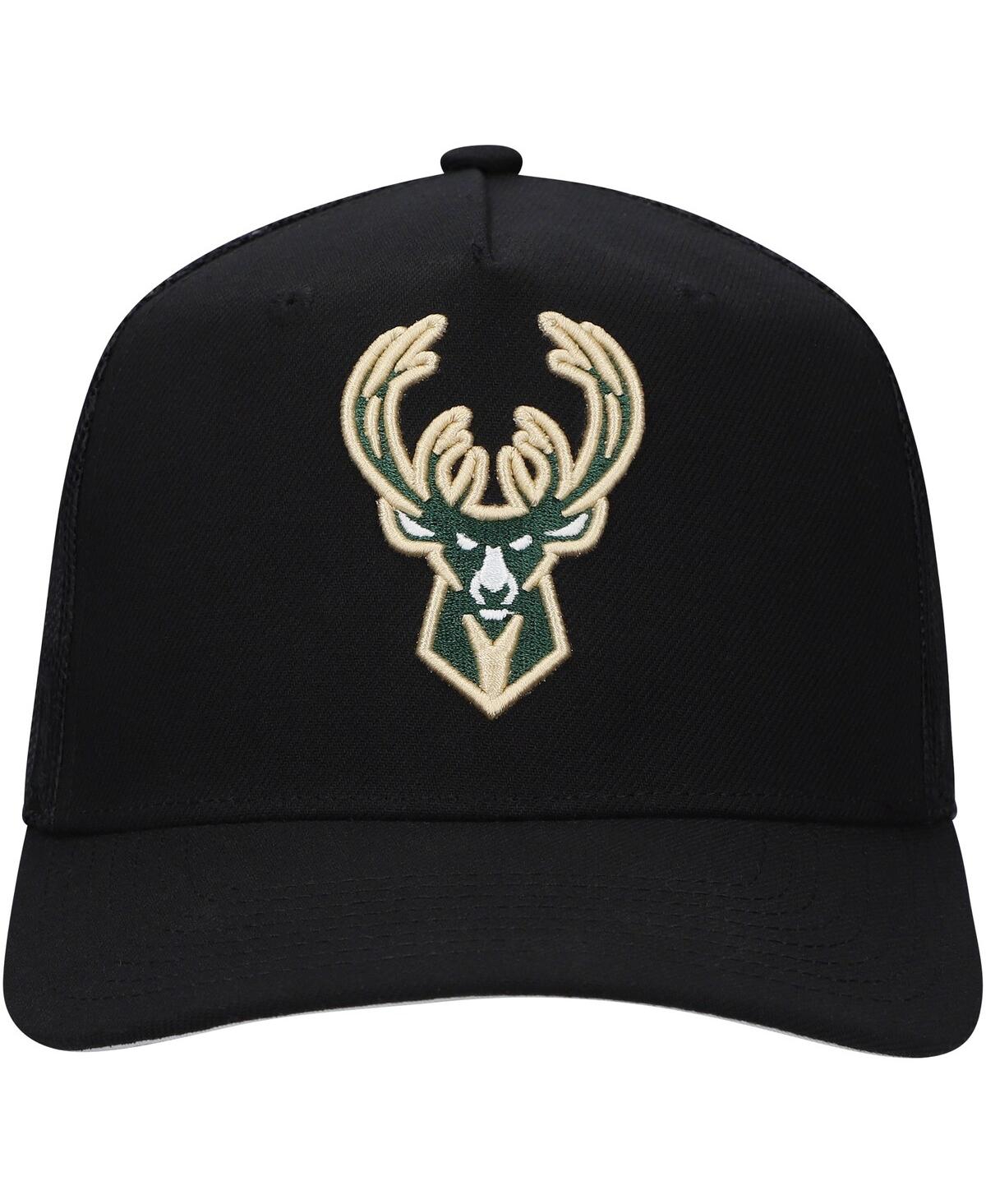 Mitchell & Ness Men's Black Milwaukee Bucks Monogram All-over Logo Mesh Trucker Adjustable Hat In Black