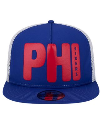 Men's Royal Philadelphia 76ers Puff Print Team Code A-Frame 9FIFTY Trucker Snapback Hat