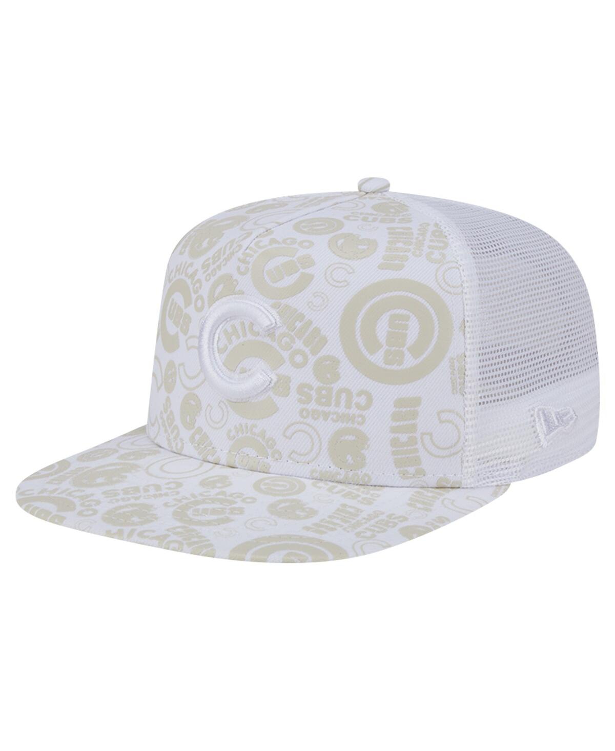 New Era Men's White Chicago Cubs Logo Dunes A-frame Trucker 9fifty Snapback Hat In White