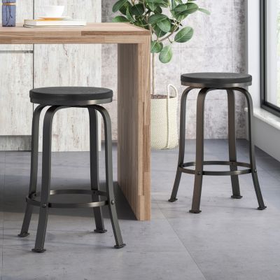 Modern Industrial Swivel Counter Stool with Faux Wood Seat