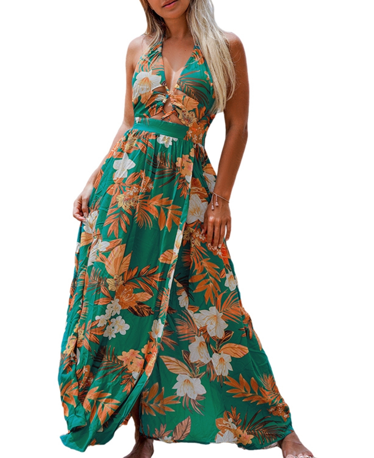 Women's Tropical Halterneck Maxi Beach Dress - Dark green
