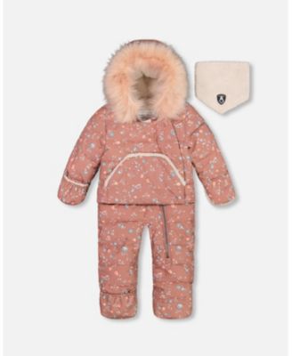 One Piece Baby Hooded Snowsuit Printed Vintage Flowers Designed For Car Seat