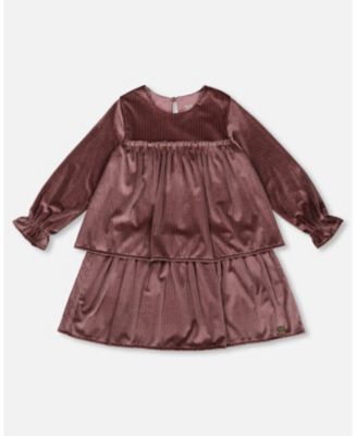 Long Sleeve Metallic Dress With Frills Burgundy Long Sleeve Metallic Dress With Frills Burgundy