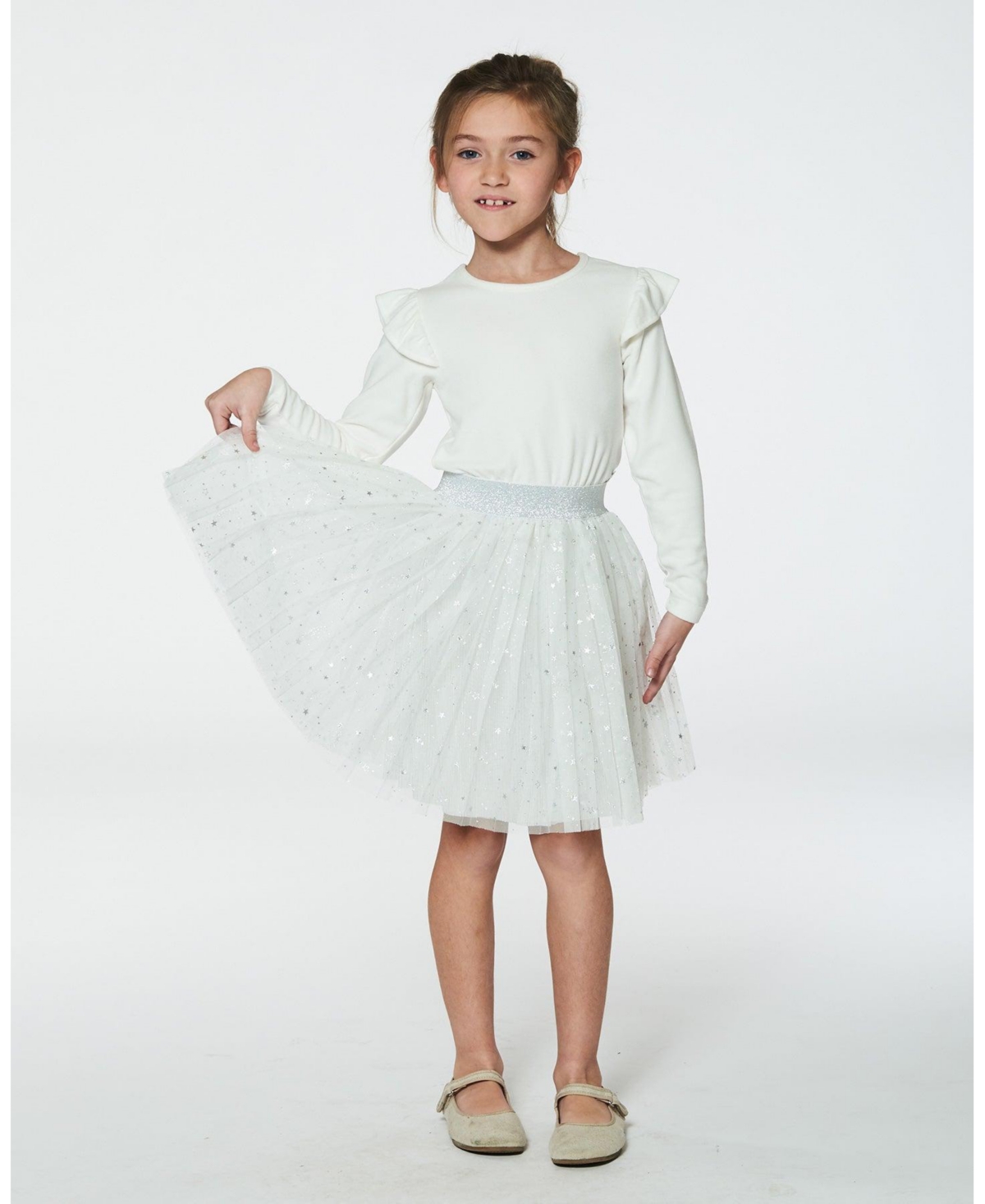 Deux par Deux Big Girls Long Sleeve Dress With Glittering Tulle Skirt- Off white
