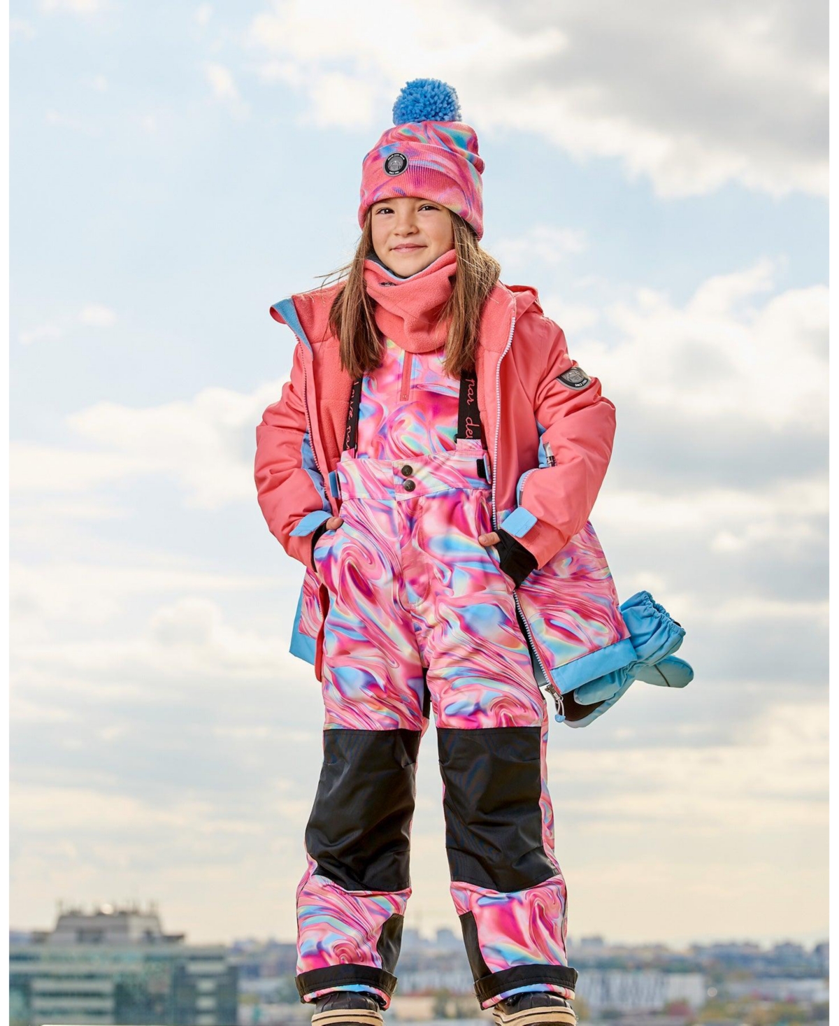 Deux par Deux Big Girls Two Piece Snowsuit Colorblock Coral And Air Blue With Printed Marble - Colorblock coral and air blue with