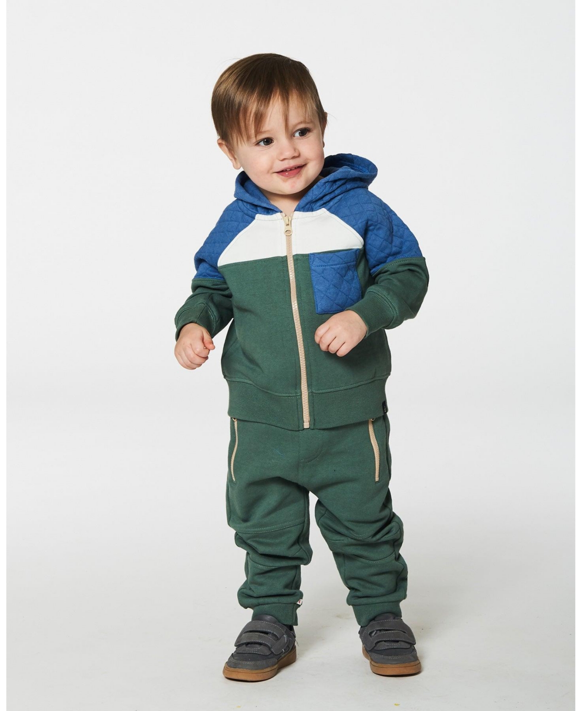 Deux par Deux Big Boys Full Zip Colorblock Hooded Fleece Sweatshirt- Forest green