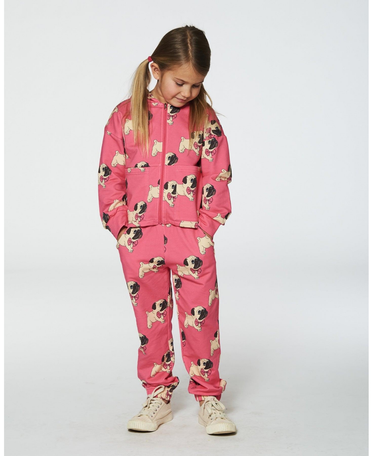 Deux par Deux Big Girls Fleece Sweatpants- Magenta printed pug