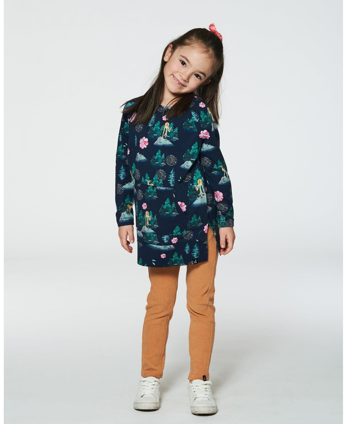 Deux par Deux Big Girls Long Sleeve Tunic With Pocket- Navy printed bambi