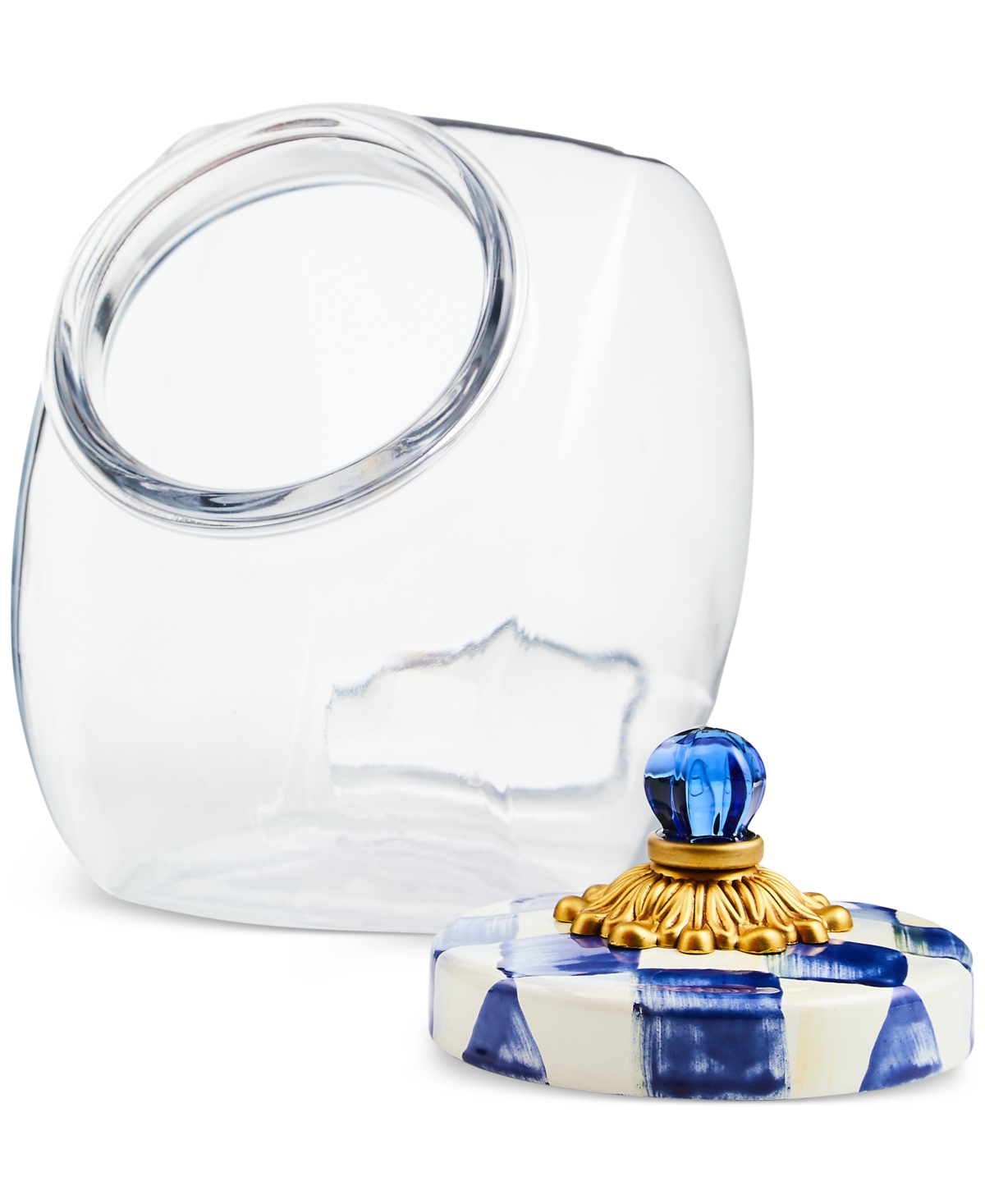 MACKENZIE-CHILDS GLASS COOKIE JAR WITH ROYAL CHECK LID 