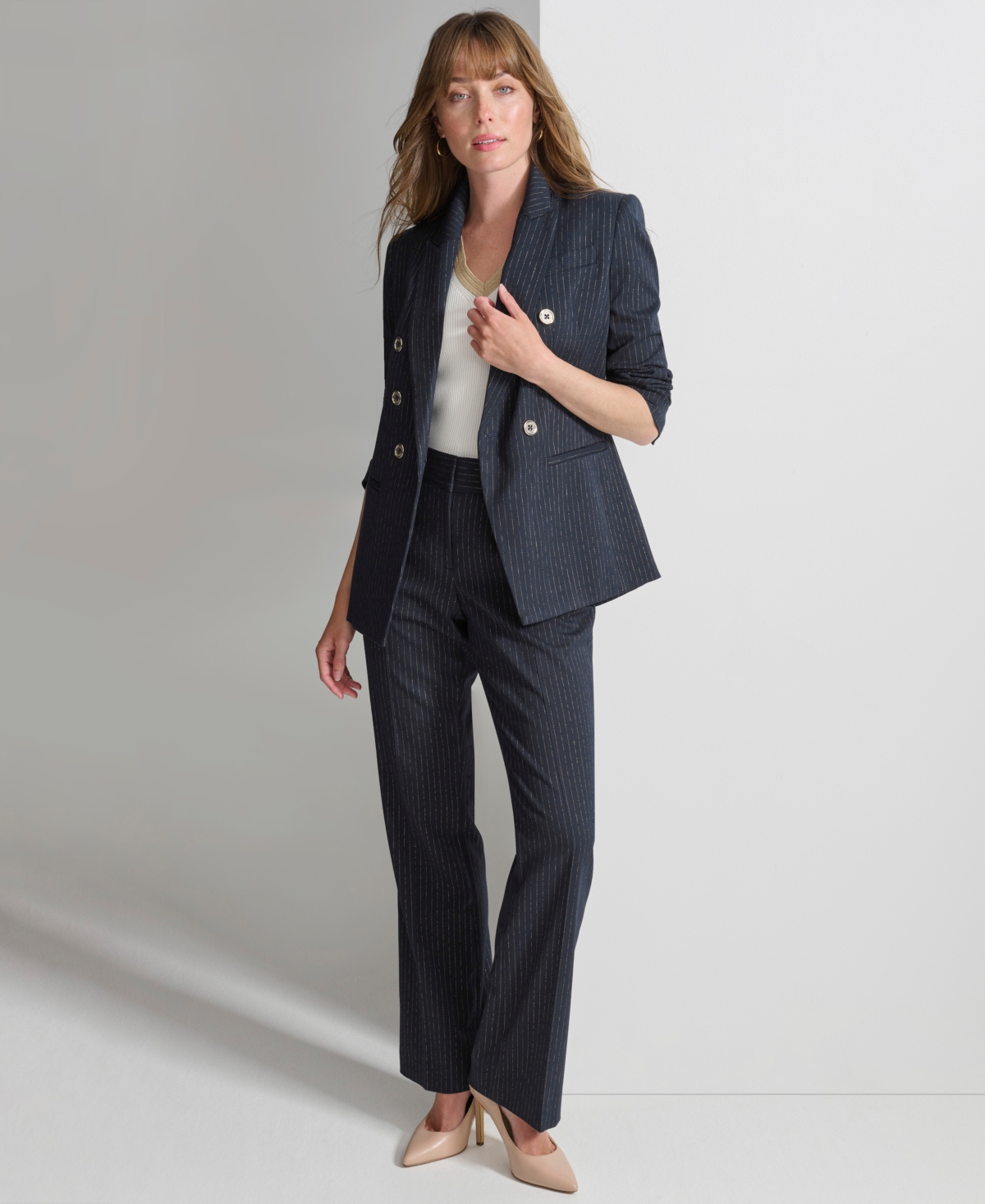 Tommy Hilfiger Women's Double Breasted Metallic Pinstriped Blazer -gld