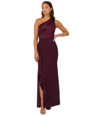 adrianna papell asymmetrical draped dress One-Shoulder Satin-Trim Gown Carmine Red Backless Halter SS26D3 Color:Black* flowing into a ruffle