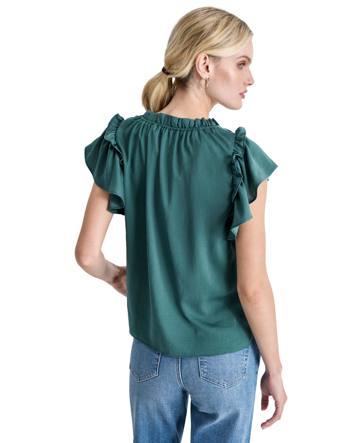Dkny Jeans Women's Ruffle-Trim Split-Neck Top