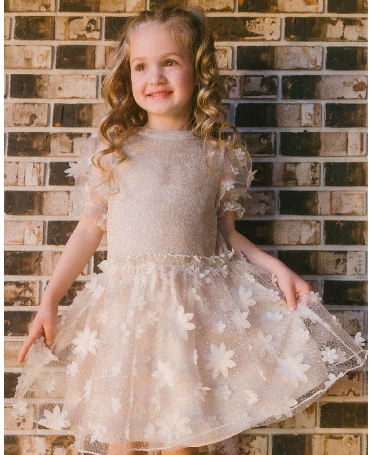 Deux par Deux Big Girls Elbow Sleeve Dress With Tulle Skirt- Glittering beige