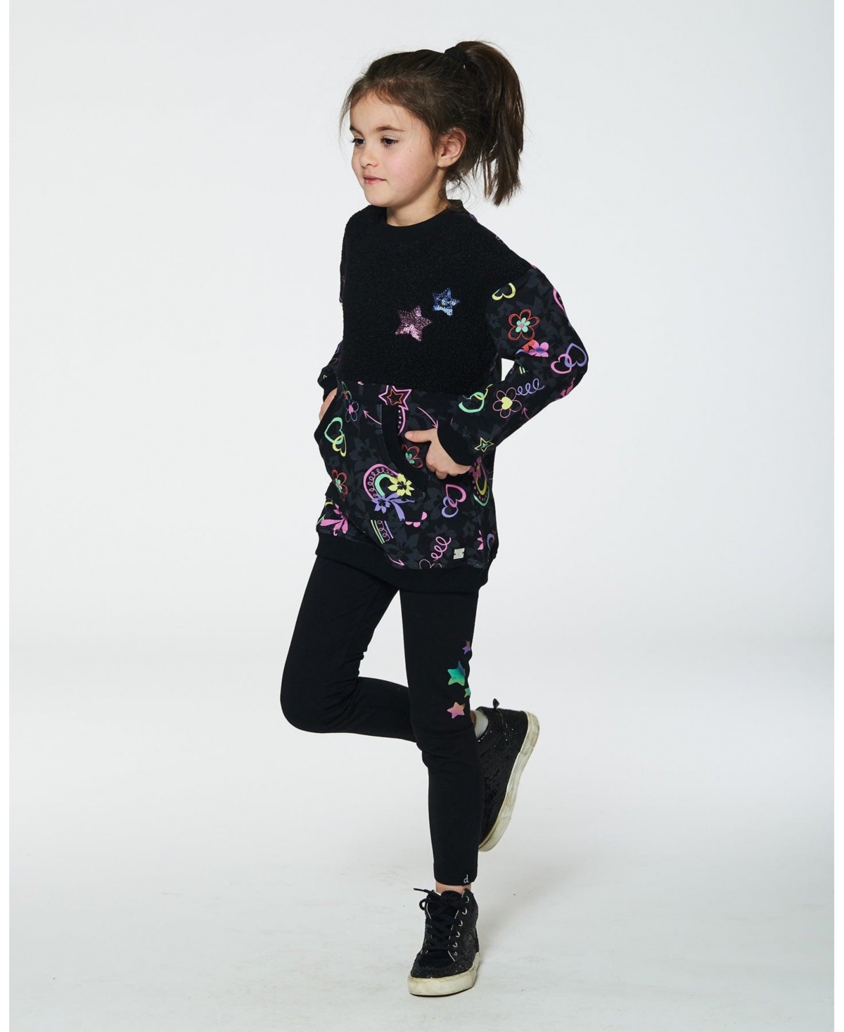 Deux par Deux Big Girls LeggingsPrinted Stars - Black