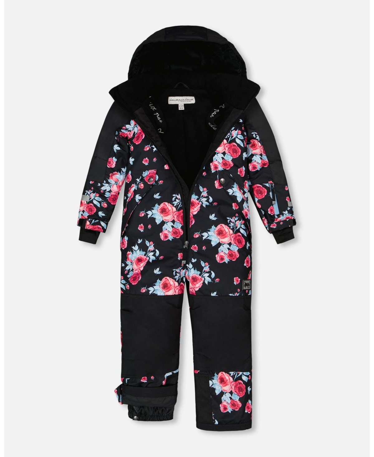 Deux par Deux Toddler Girls One Piece Technical Snowsuit- Black printed roses