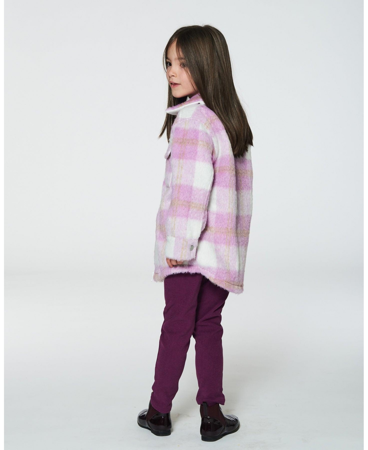 Deux par Deux Big Girls Overshirt Wool-Effect With Pockets Plaid Lilac And Off White - Plaid lilac and offwhite