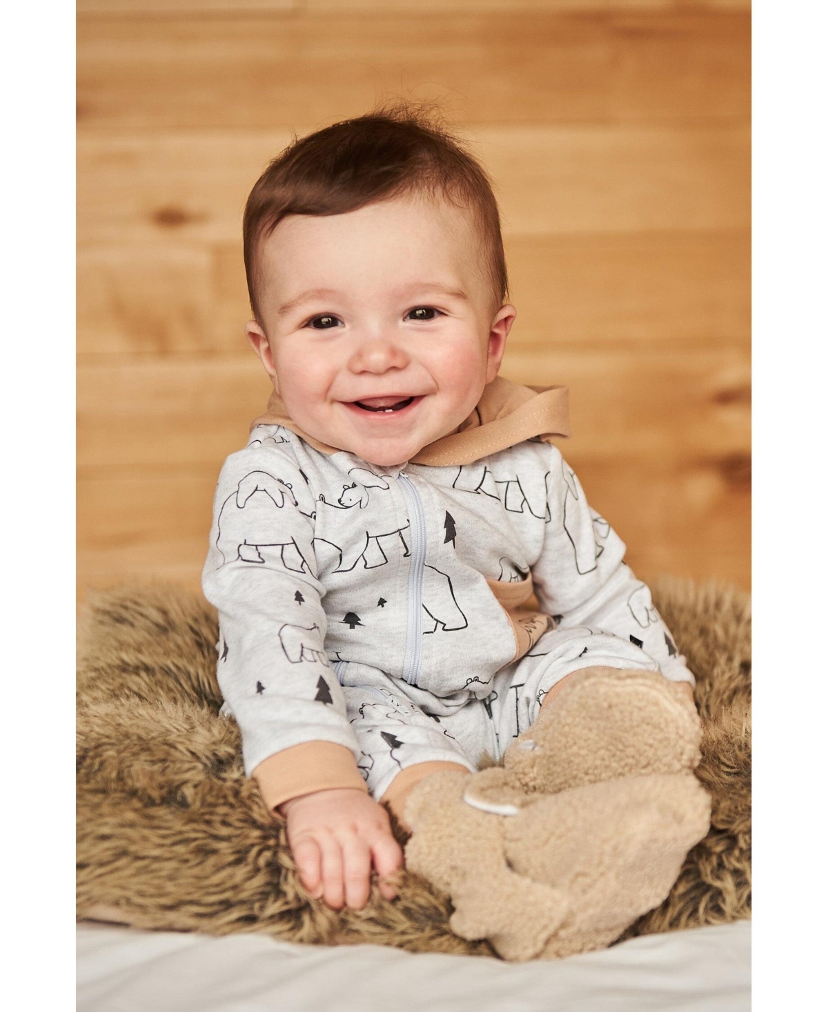 Deux par Deux Baby Boys Baby Organic Cotton Hooded Jumpsuit- Gray mix printed bears