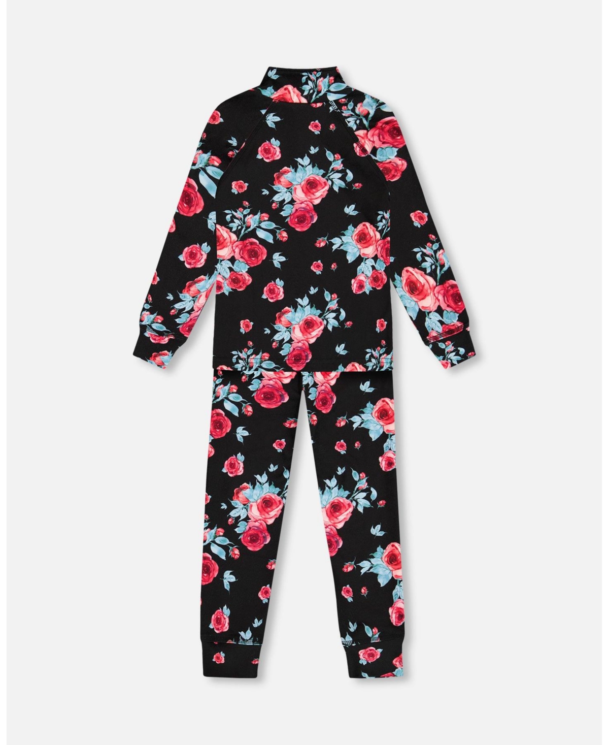 Deux par Deux Girl Two Piece Thermal Underwear Set- Child - Black printed roses