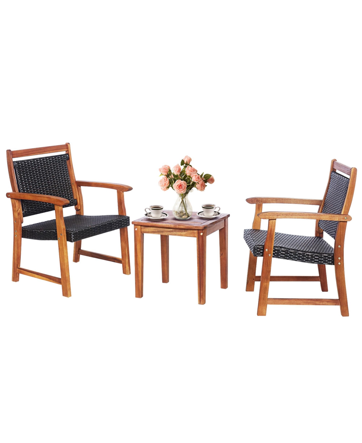 3 Piece Brown Wicker Bistro Set Patio Chair Set of 2 w/ Acacia Wood Side Table - Brown
