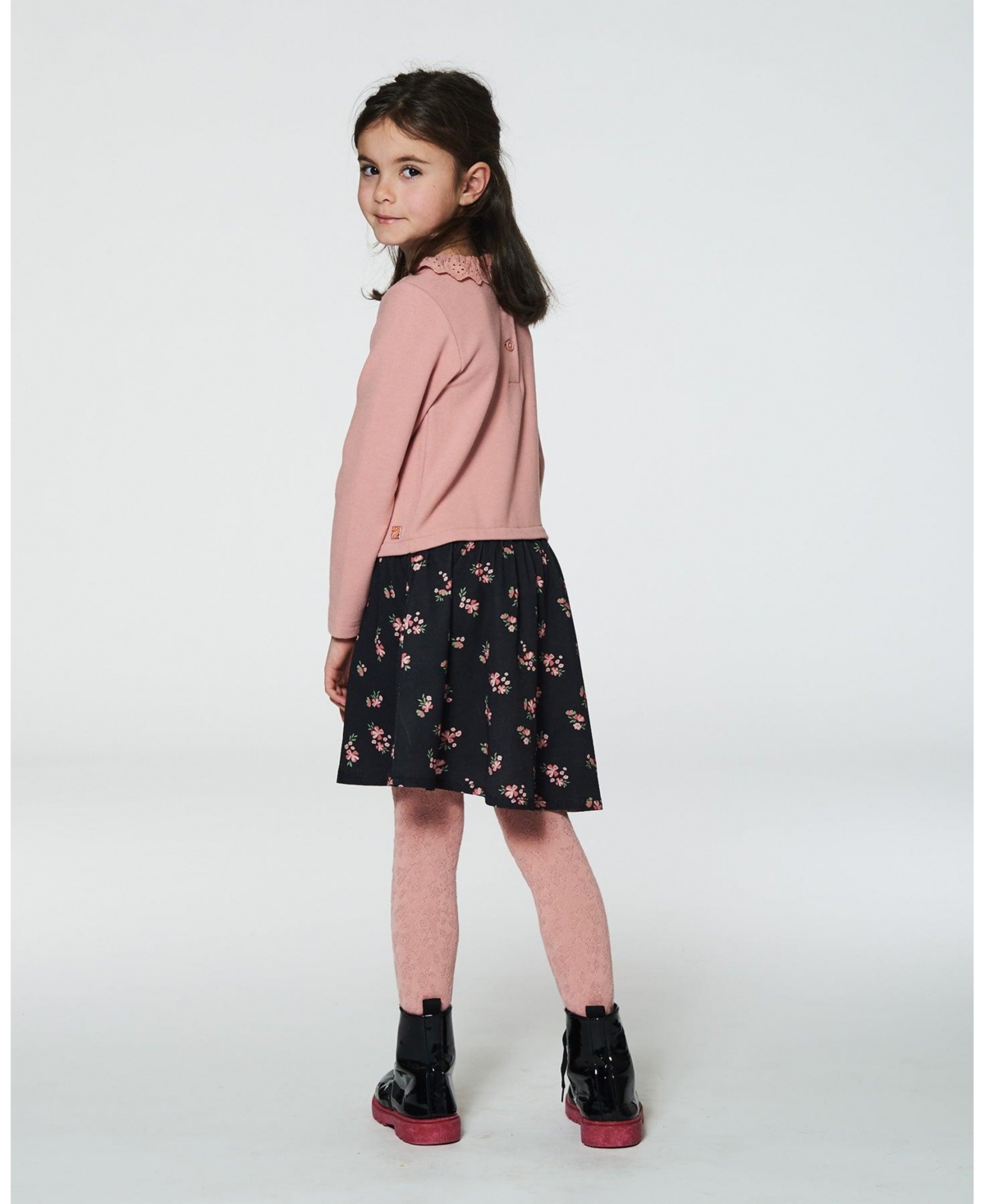 Deux par Deux Big Girls Bi-Material Dress With Eyelet Collar- Light pink printed flowers