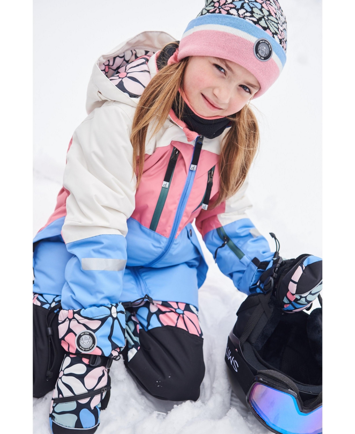Deux par Deux Big Girls Two Piece Technical Snowsuit- Colorblock printed retro flowers