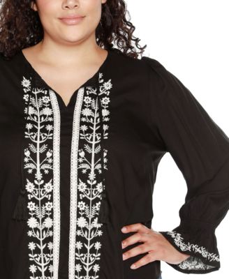 Black Label Plus Size Tie-Neck Embroidered-Front Blouse