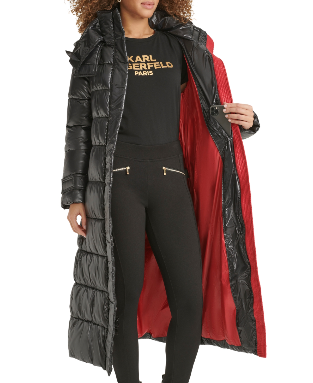 Karl Lagerfeld Womens Shine Hooded Belted Puffer Coat