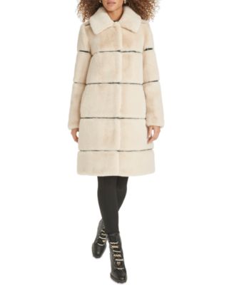 Womens Faux-Leather Trim Faux-Fur Coat