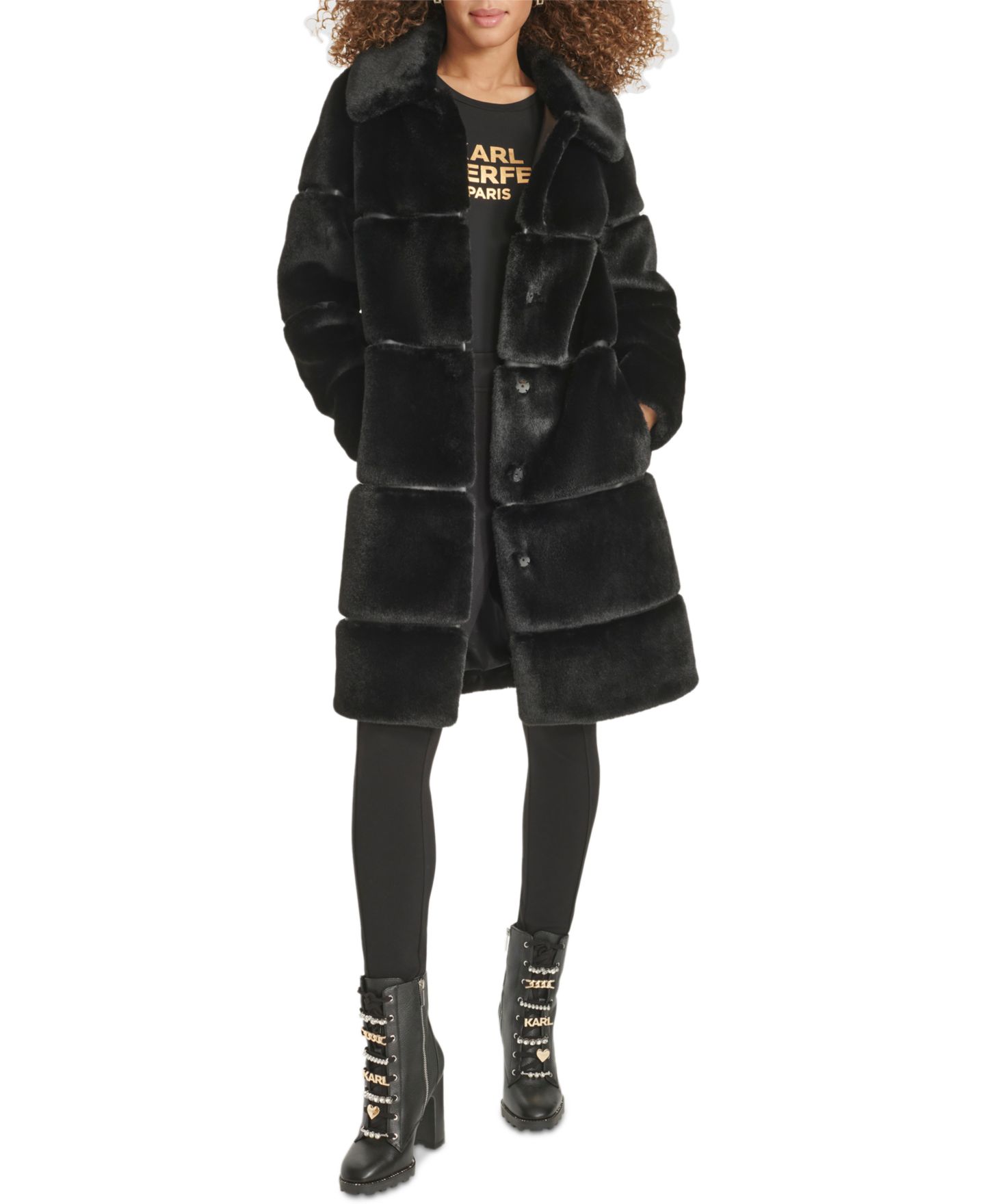 Женское пальто KARL LAGERFELD PARIS Faux-Leather Trim Faux-Fur, цвет: Чёрный — фото 2