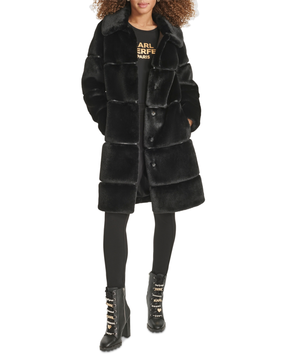 Karl Lagerfeld Paris Womens Faux-Leather Trim Faux-Fur Coat