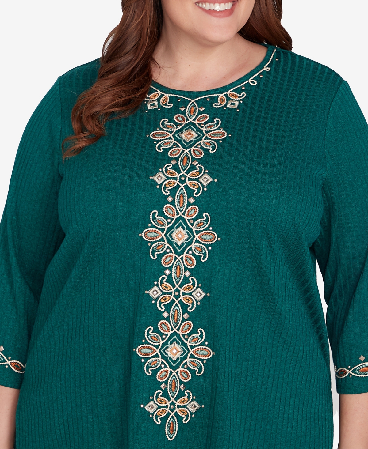 Alfred Dunner Plus SizeIsle Center Medallion Embroidered Three Quarter Sleeve Top - Emerald
