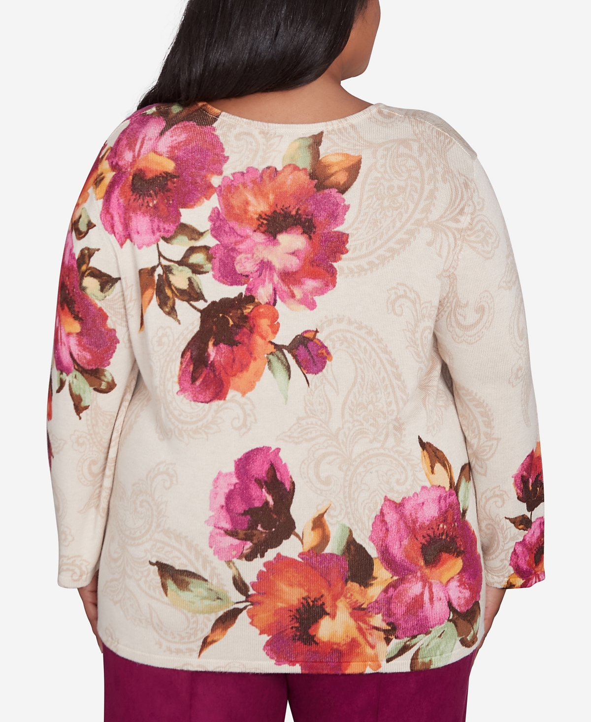 Alfred Dunner Plus Size Wine Country Watercolor Floral Beaded Split Neck Sweater