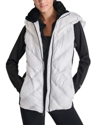 Women's Hooded Puffer Vest with Contrast Scuba and Teddy Faux Fur Collar
