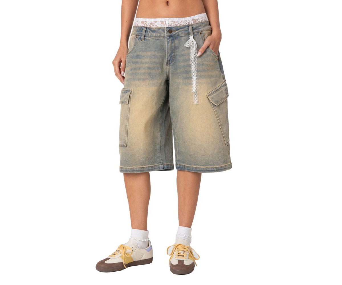 Edikted Women's Lace Boxer Denim Bermuda Shorts - Blue-vintage-washed