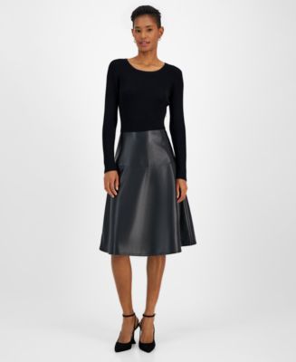 T Tahari Women's Mixed-Media Faux-Leather Fit & Flare Dress - Macy's